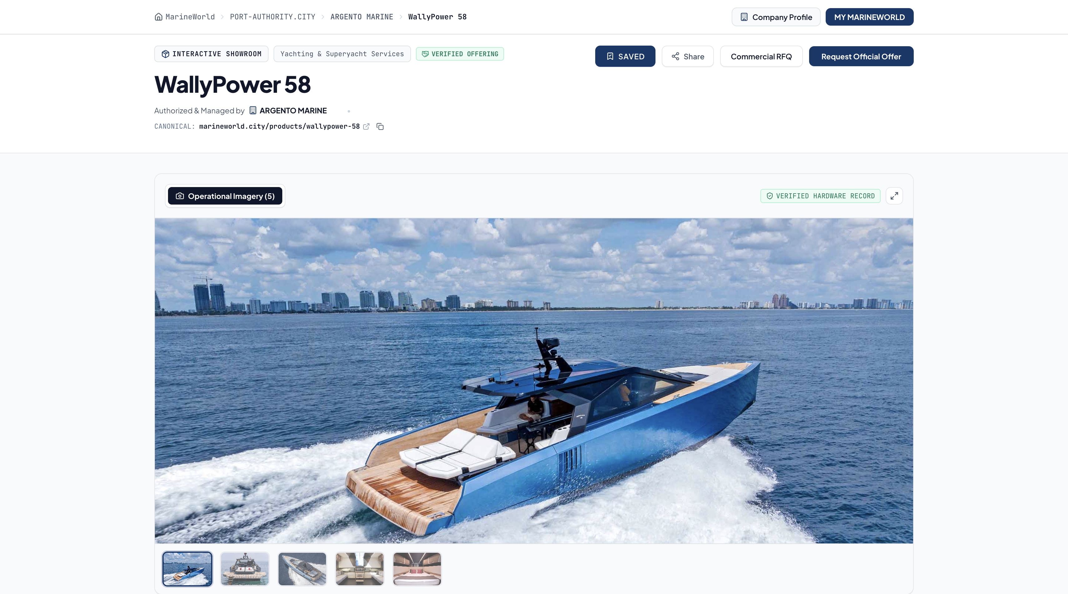 WallyPower 58 public interactive product showroom with direct URL, Share, Commercial RFQ and Request Official Offer